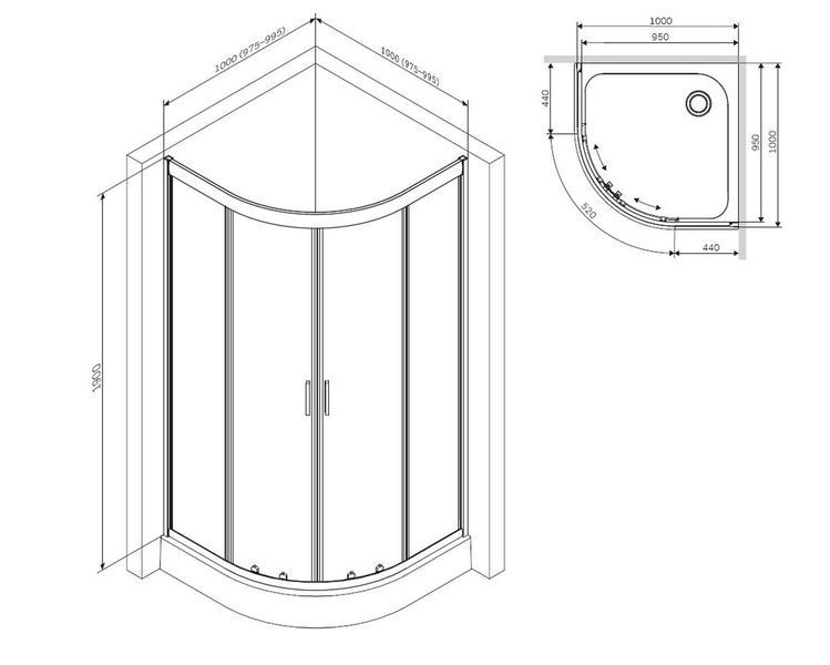 Душова огорожа 1/4 Round 100x100 см, без піддона, хромований профіль AM.PM Gem W90UG-401-100100-MT W90UG-401-100100-MT фото